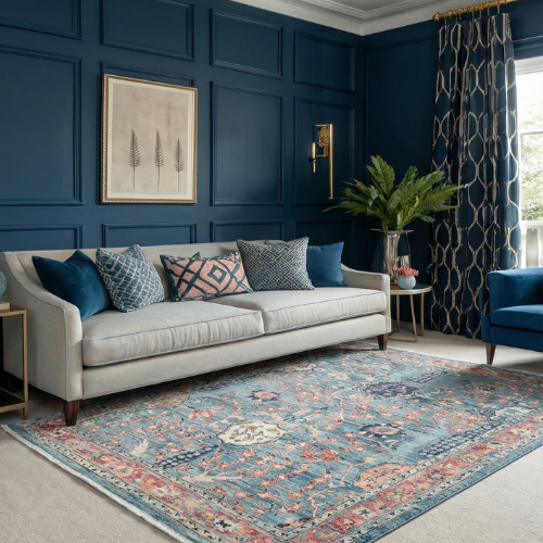 French Blue Cherry Blossom Rug 244 × 305 cm (8 x 10)