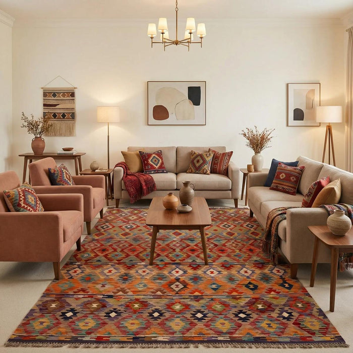 Handmade Turkish Wool Kilim Rug – 174 × 240 cm | Vegetable-Dyed Flat-Weave Design