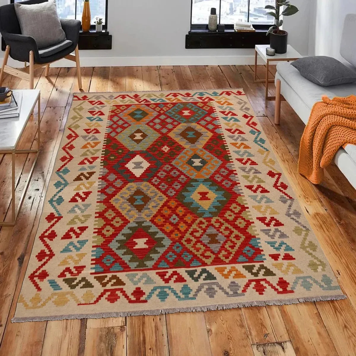 Handmade Natural Wool Kilim Rug 155 × 195 cm – No. W34841