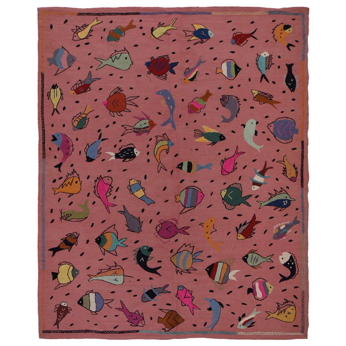 Pink Color Embroidery Flatweave Kilim 6' 2" x 7' 11" (ft) - No. B32077