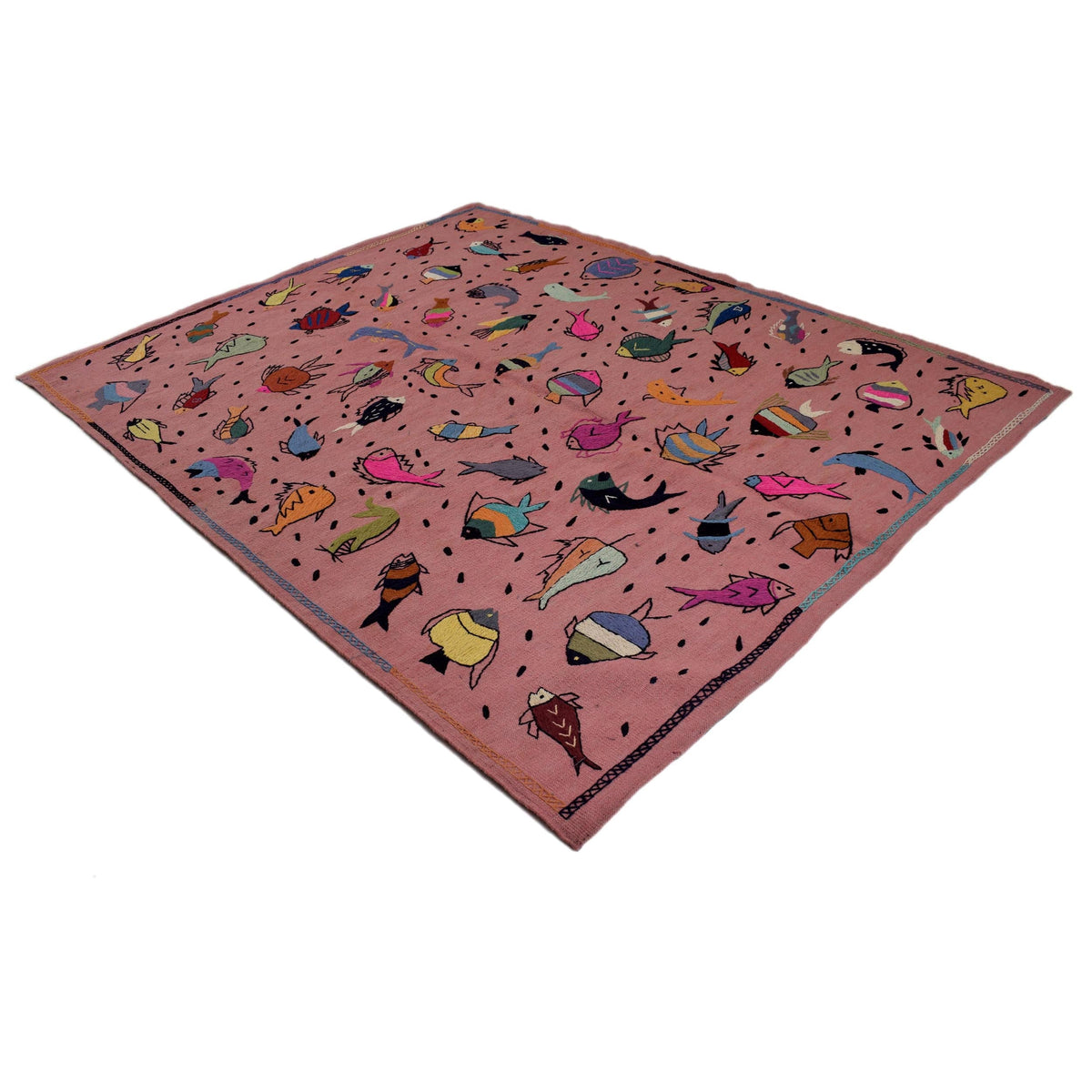 Pink Color Embroidery Flatweave Kilim 6' 2" x 7' 11" (ft) - No. B32077