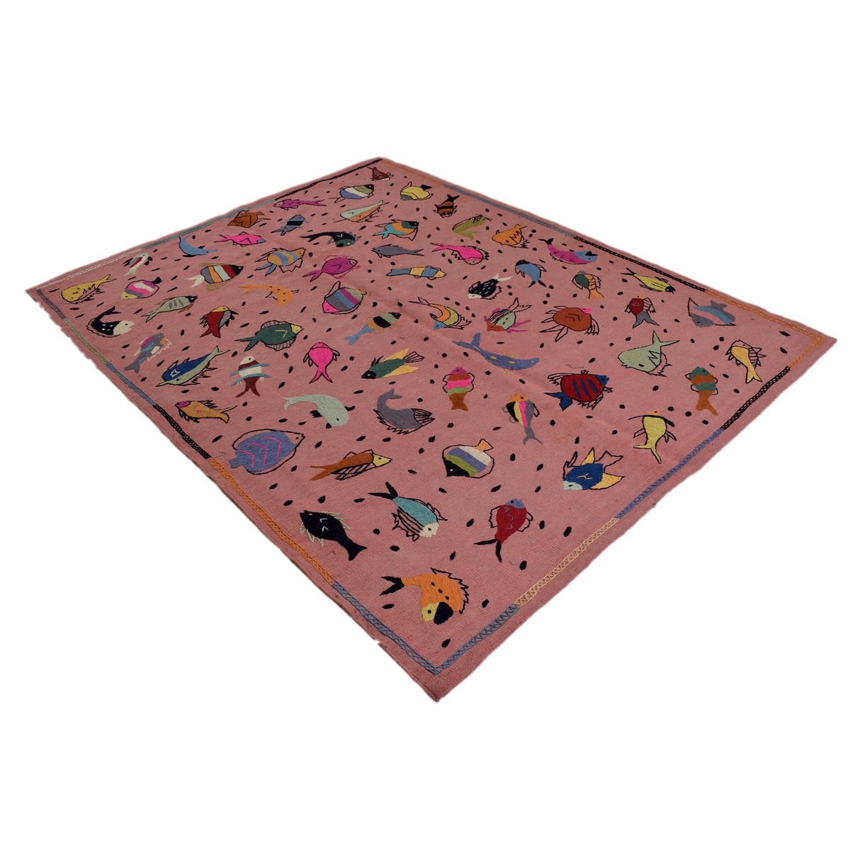 Pink Color Embroidery Flatweave Kilim 6' 2" x 7' 11" (ft) - No. B32077