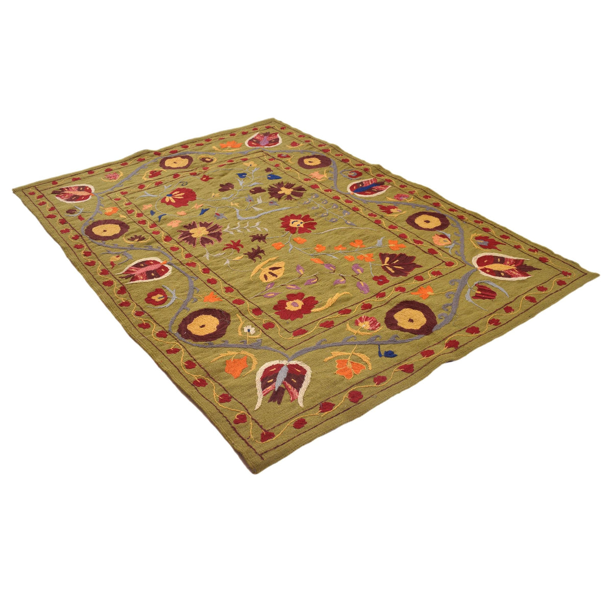 Green Color Embroidery Flatweave Kilim 4' 11" x 6' 8" (ft) - No. B32081