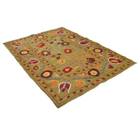 Green Color Embroidery Flatweave Kilim 4' 11" x 6' 8" (ft) - No. B32081