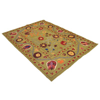 Green Color Embroidery Flatweave Kilim 4' 11" x 6' 8" (ft) - No. B32081