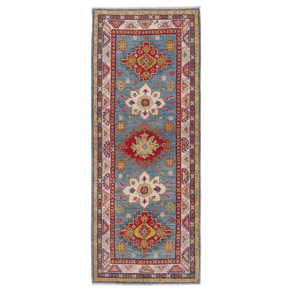 Handmade Blue Kazak Wool Runner Area Rug 83x207cm (ID B33077)