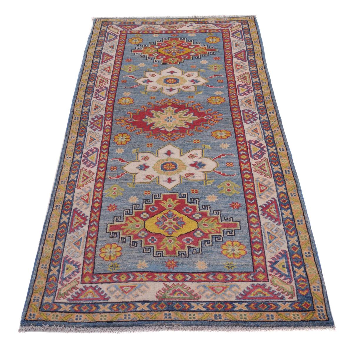 Handmade Blue Kazak Wool Runner Area Rug 83x207cm (ID B33077)