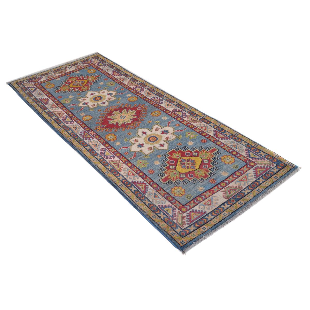 Handmade Blue Kazak Wool Runner Area Rug 83x207cm (ID B33077)