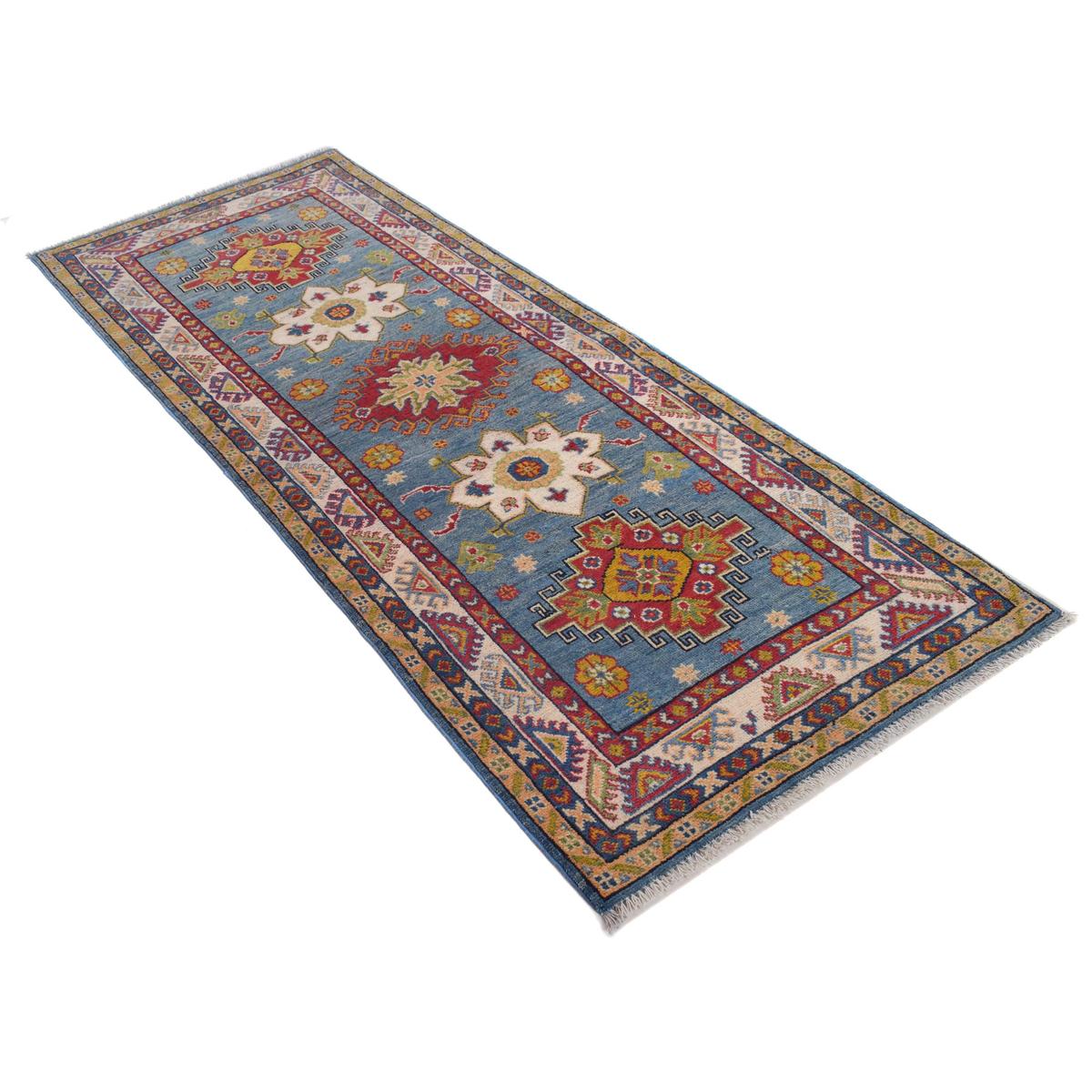 Handmade Blue Kazak Wool Runner Area Rug 83x207cm (ID B33077)