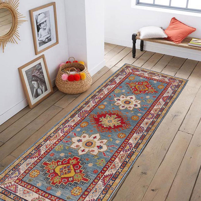 Handmade Blue Kazak Wool Runner Area Rug 83x207cm (ID B33077)