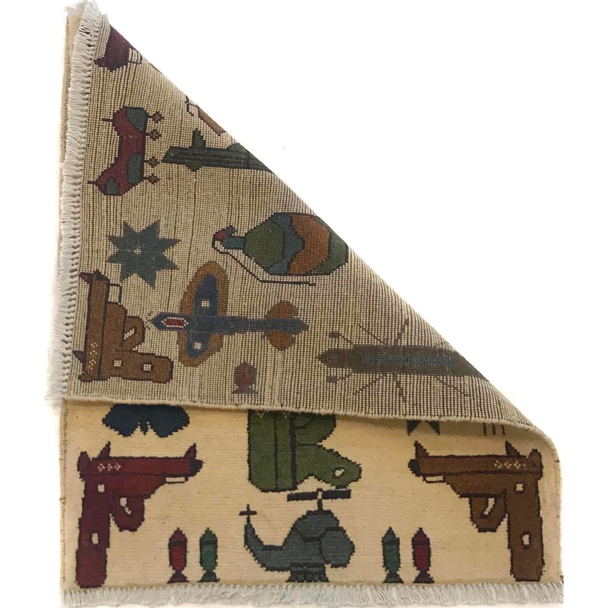 Handmade Ivory War Rug Wool Area 62x77 cm (ID W35586)