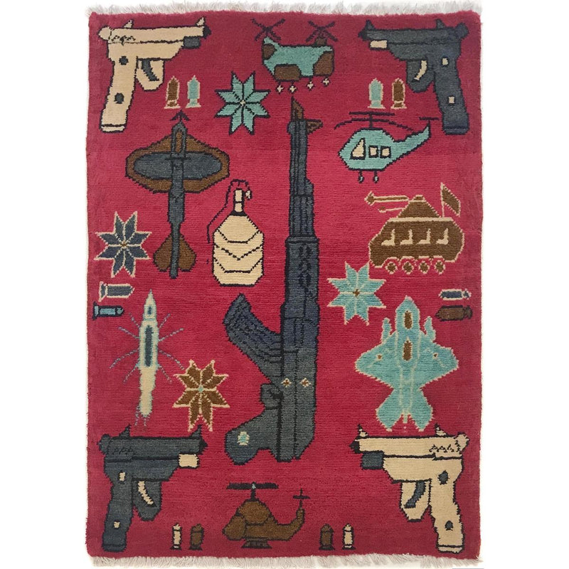 Handmade Wool War Area Rug Premium Oriental Red (ID W35594) (63 x 88 cm)